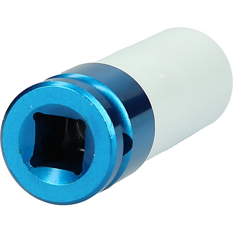 Ein blau-weisses Werkzeug mit quadratischer Öffnung. Der blaue Teil ist aus Metall.
